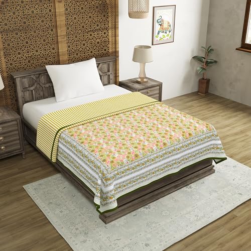 Image of BLOCKS OF INDIA Hand Block Printed Cotton Single Size Reversible Malmal Dohar for Summer (Green GAD BUTI)