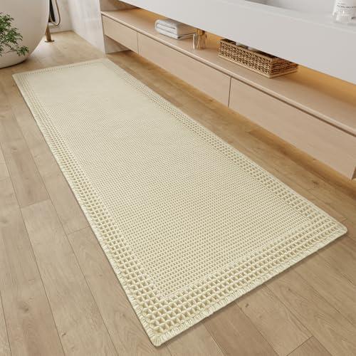 RESARE Waffle Bathroom Runner Rugs, Super Absorbent Bath Mat Non Slip Washable Quick Dry, Ultra Soft Quick Dry Boho Bath Rugs with Tassels for Hallway Bedroom Laundry Room, 2'x6'(24"x72") Cream by RESARE - Used condition - US$16.40