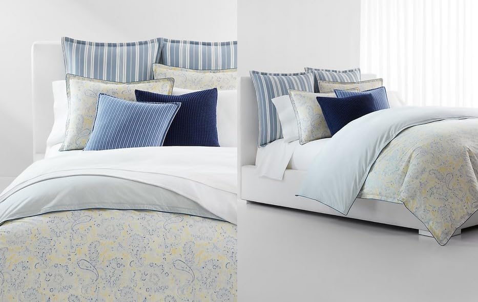 Lauren Ralph Lauren Marisa Full Queen 3 pc Comforter Set Shams Paisley Print Yellow, Blues on White Ground. Reverses to Blue Stripe.