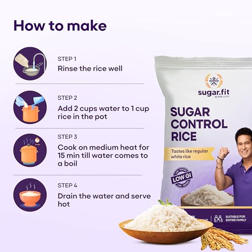 Image of Sugar.fit Sugar Control Rice - Sona Masoori, lab-tested low glycemic, whole grain 100% natural, pesticide-free, diabetes- friendly, supports healthy weight & blood sugar - 1 Kg (Pack of 2)