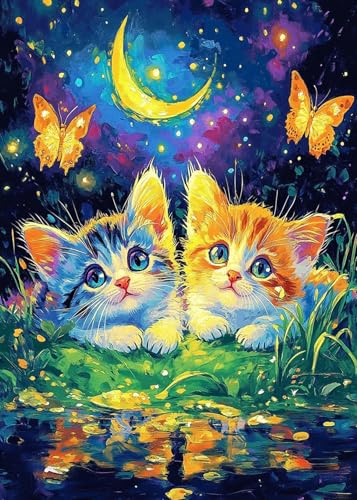 Image of SANYUN Diamond Painting Kits for Adults Cat,Moon Diamond Art Paintings,Two Cats and Butterfly Full Drill Gem Painting Kit for Relaxation,Suitable for Gift and Home Wall Decor(12x16inch)