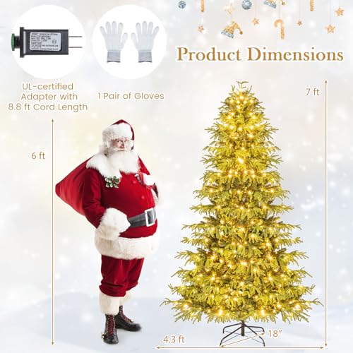 Image of Goplus 7 FT Pre-Lit Artificial Christmas Tree, Hinged Full Xmas Tree with 1090 PVC & Soft TPE Branch Tips, 370 Warm White LED Lights, Foldable Metal Stand, Home Office Holiday Decoration
