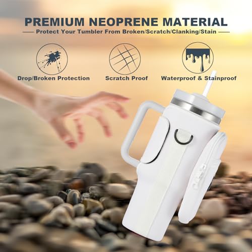 Image of Water Bottle Carrier Bag with Phone Pocket for Cream Stanley 40 oz Tumbler with Handle, Cream Insulated Neoprene Cup Holder Pouch Strap for Stanley Cup Accessories