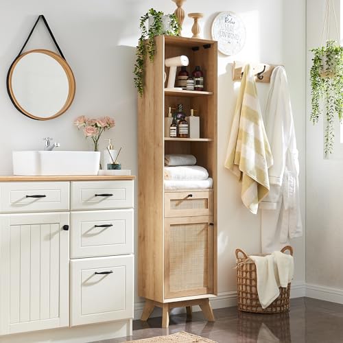 RedLemon Gabinete estrecho de ratán natural de lino, 68 pulgadas de alto, moderno y bohemio, gabinete de almacenamiento para toallas de baño con estantes ajustables y cajón de almacenamiento para