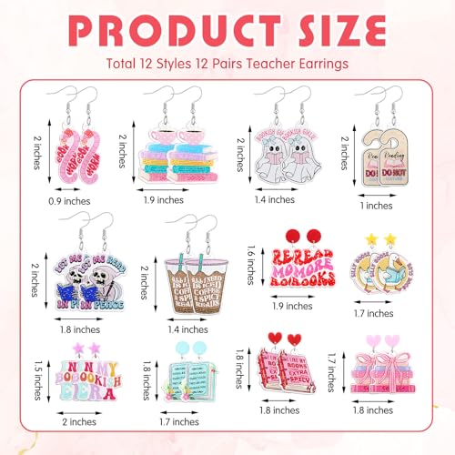 Nosiny 12 Pairs Glitter Acrylic Book Earrings for Book Lover Women Funny Reading Ghost Coffee Silly Goose Drop Dangle Earring Bookish Jewelry Accessories Supply for Bookworm Reading Lover Teacher Gift2