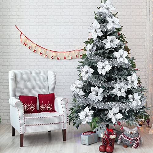 15 Pieces Christmas Glitter Poinsettia with Clips Christmas Poinsettia Decorations Artificial Poinsettia Flowers Ornament Christmas Flowers for New Year Wedding Home Decoration 8.7inch/22cm Silver