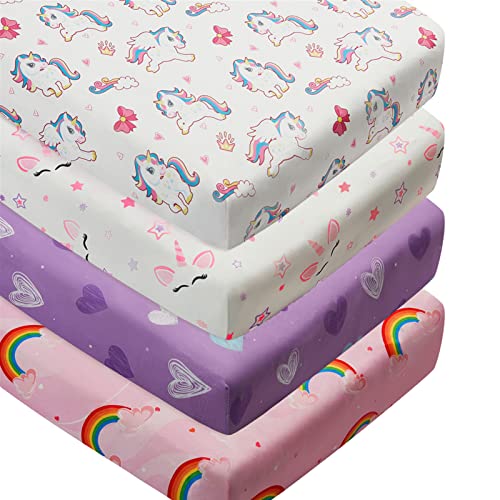 Image of 4 Pack Soft Baby Girl Crib Sheets for Standard Crib Mattress Unicron Rainbow Heart Cute Neutral Polyester Unisex Fitted Crib Sheets Set for Baby Girls
