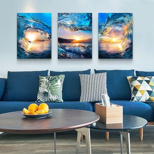 Lapremoly Wall Decor for Living Room & Bedroom - Canvas Wall Art - Ocean Waves Sunrise - Modern Bathroom Home Decoration - Ready To Hang - 16x24 in