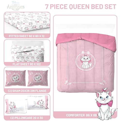 Image of Disney Aristocats Marie Queen Comforter Set 7 Piece Kids Bedding, Pink | Bed in a Bag, Comforter Sheets Shams Pillowcases, Official Brand, Soft Microfiber, Machine Washable, Girls Gift