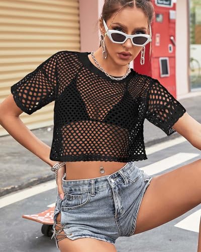 Image of Women's Mesh Top Fishnet T Shirts Sheer Loose Short Sleeve See Through Crop Tops