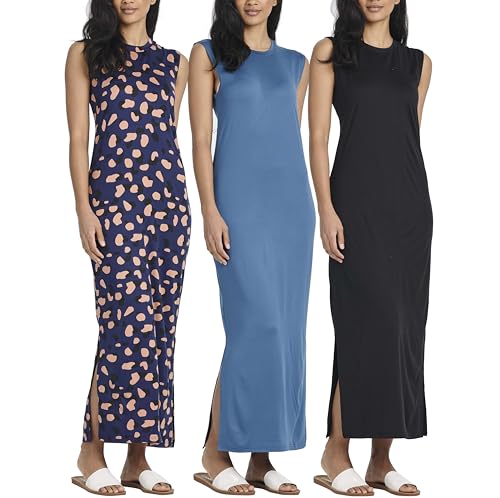 Image of Real Essentials 3 Pack: Women's Maxi Tank Dress | Sleeveless Casual Long Lounge Dress (Plus