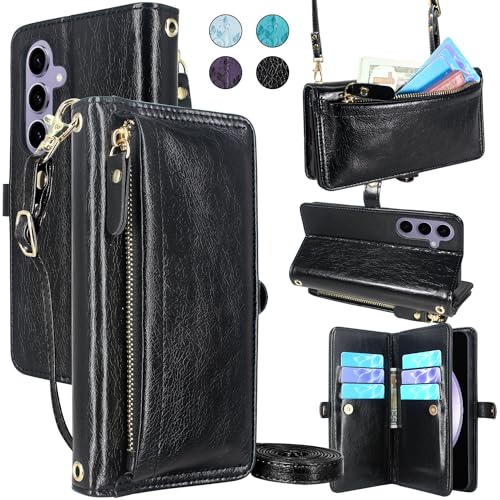 Lacass Crossbody Wallet Case for Galaxy S23FE,[Cards Theft Scan Protection] Card Holder Zipper Flip Leather Cover Wrist Strap Stand for Samsung Galaxy S23 FE 5G(Black)