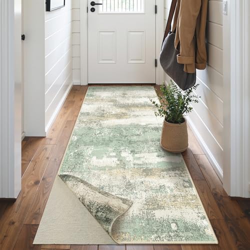 Image of BEIMO Reversible 2'6 inchx6' Runner Rugs for Hallway, Modern Abstract Dual-Sided Runners for Entryway, Machine Washable Soft Low Pile Kitchen Runner, Includes Non-Slip Rug Pad, Green & Grey