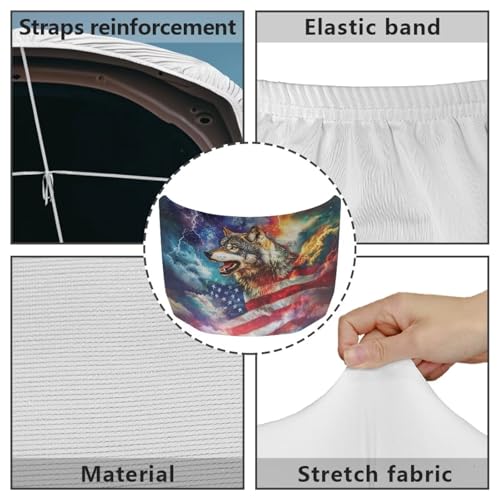 Image of Car Hood Cover 59x39 Inch Stretchable Wolf and American Flag Print Auto Hood Wraps Waterproof Auto Outdoor Decorations for Compact Sedans SUV Trucks Minivan