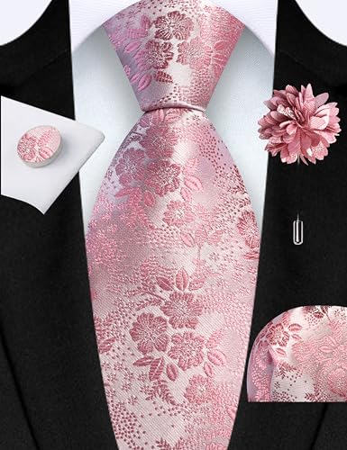 Image of GUSLESON 3.15 inch(8cm) Mens Floral Tie and Lapel Pin Necktie Hankerchief Cufflinks Set for Men
