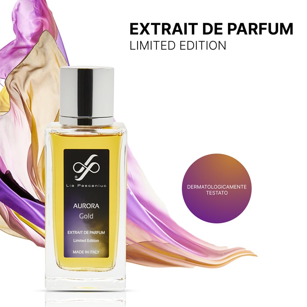 Lia Pascaniuc - Aurora Gold Eau de Parfum 100 ml, Fragranza Intensa e Calda con Vaniglia, Ambra, Palissandro, Ebano e Incenso, Note di Lavanda, Profumo Donna e Uomo