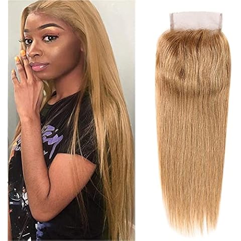 4X4 Honey Blonde Closure Pre Plucked 4X4 Closure Transparent Lace Free Part Lace Front Closure With Baby Hair Brazilian Virgin Hair Straight HD Lace Closure #27 Closure 12 Inch Cover