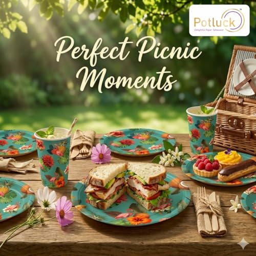 Image of Potluck Flamingo Grove Disposable Paper Plates | Pack of 10 | 9 Inch Strong Leakproof Food Grade Plate for Parties, Events, Snacks, Kids Animal Theme Party & Meal Serving Pack