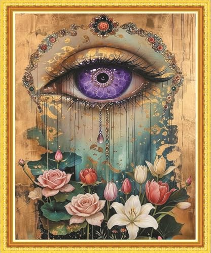 Awesocrafts Kit de punto de cruz estampado de ojo morado místico con rosas y lirios, patrones fáciles de punto de cruz, kit de costura de bordado, suministros