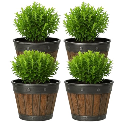 Image of Divas World 4pcs Cask Planters Set 20cm Chestnut Fusion Round Flower Pots Decorative Whiskey Barrel Style Plastic Plant Containers for Indoor Outdoor Garden Patio Balcony Lightweight Rustic Look