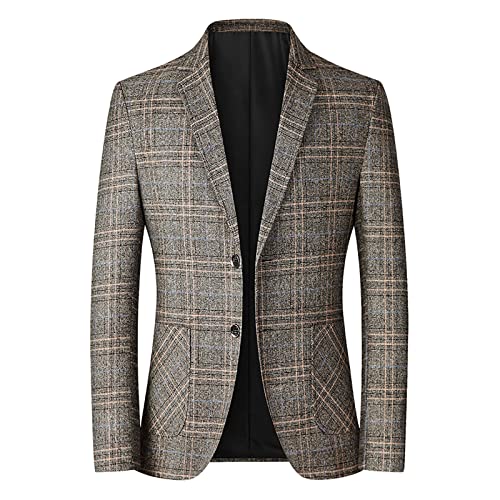 Image of Mens Plaid Blazer Vintage Check Suit Jacket Lightweight 2 Button Slim Fit Formal Business Casual Blazer Coats Work Classic Chic Wedding Dress Tuxedo Yellow
