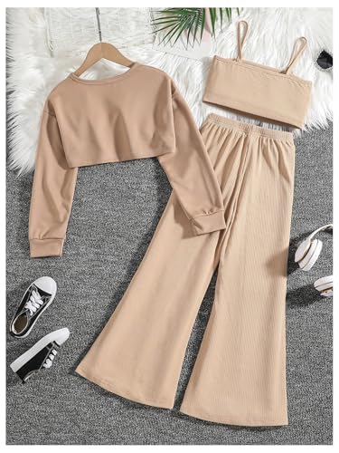 Image of BEAUDRM Girl's 3 Piece Outfits Heart Print Cami Crop Top Long Sleeve High Low Hem Top T Shirt and Wide Leg Pants Set Khaki 11-12Y