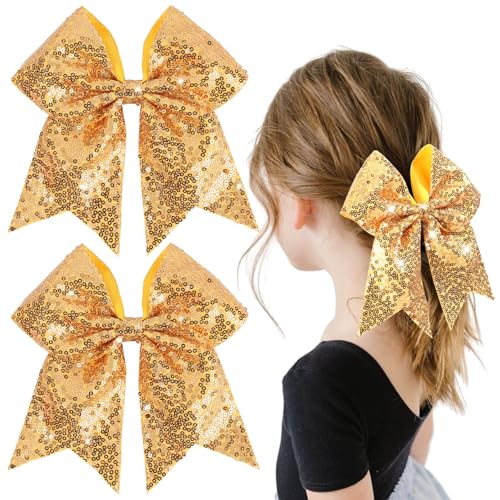 OAOLEER 2PCS Glitter Cheer Hair Bow Clips for Girls 7 inch Gold Sequin Large Hair Bows Hair Accessories for Girls Teen Softball Cheerleader (Gold)