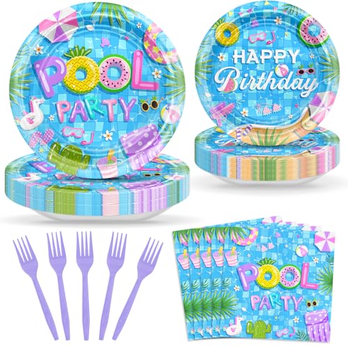 Avezano 96 PCS Pool Party Decorations Summer Birthday Decorations Disposable Pool Birthday Plates and Napkins Summer Party Supplies Serves 24