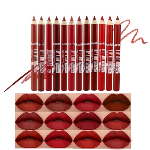 Teekerwan Juego de 12 lápices de labios mate y lápiz labial, 24 horas de duración, lápiz labial impermeable de larga duración, lápiz labial mate y lápiz de labios para mujeres (12 unidades)