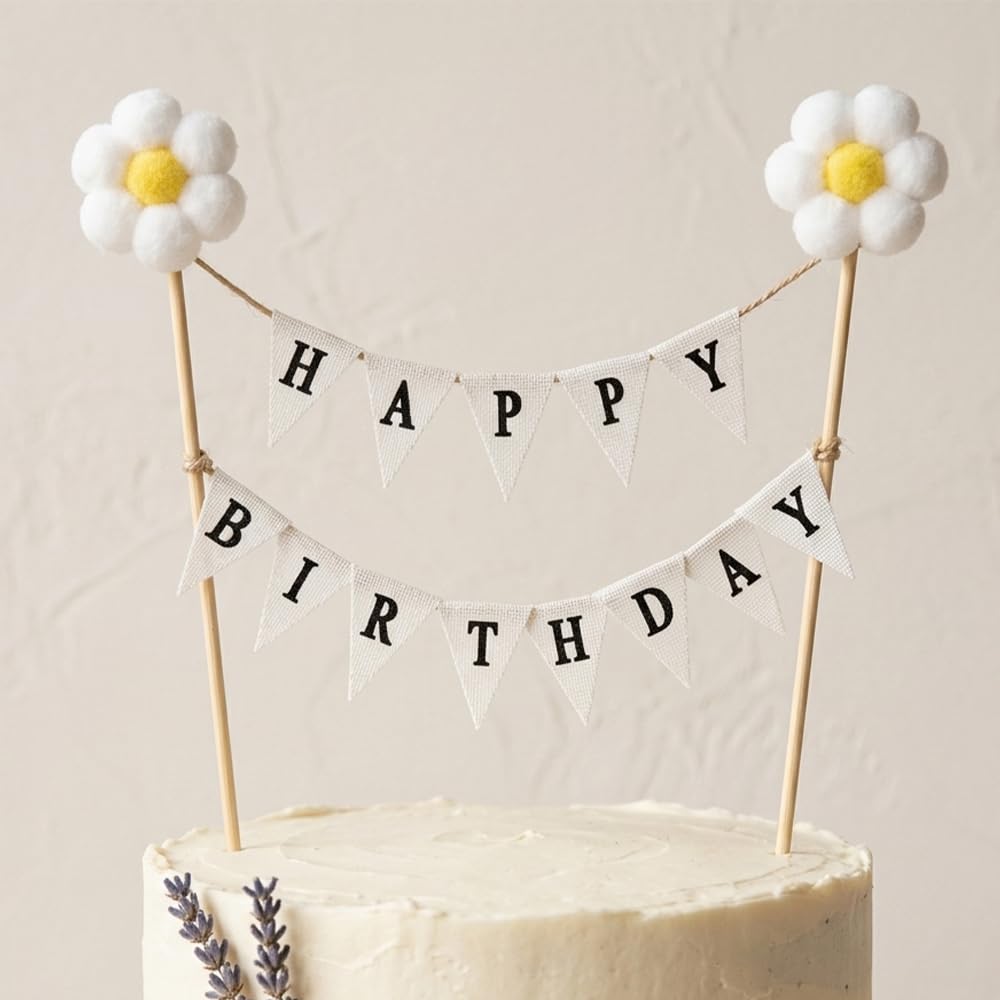 1P White Yellow Black Triangle Fabric Birthday Cake Topper for Celebration