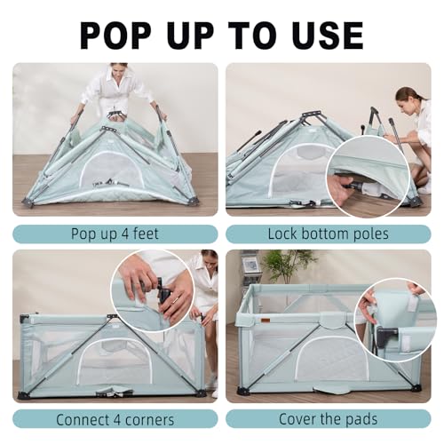 Image of Foldable Baby Playpen, Play Yard for Babies&Toddlers Indoor Outdoor | 50 Ocean Balls and Play Mat Included, 2 Pull-Up Rings, Storage Bag, Visible Breathable Mesh, Portable Play Area,Light green