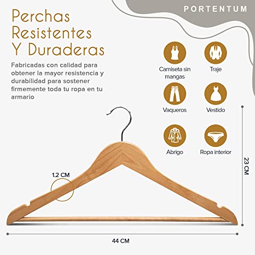 Miniatura 4 de PORTENTUM Perchas de Madera, Set de 10, Color Natural - Gancho Giratorio 360º, Muescas para Vestidos y Blusas, Barra Antideslizante para Pantalones, Aptas para Trajes, Camisas, Chaquetas