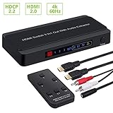 【Conmutador HDMI de 3 Puertos】Convertidor de Tres entradas HDMI a una pantalla HDMI (modo Pass) + salida óptica Toslink (modo 5.1CH) o salida de audio estéreo RCA (modo 2CH) vienen con cable RCA a Jack; Conmutación automática, manual o remota.