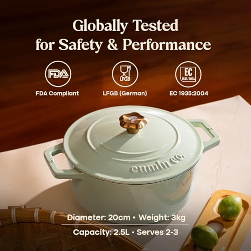 Image of CUMIN CO. Cast Iron Dutch Oven 2.5L, 20 cm | Induction Base Cookware | 10 Years Warranty | Non Toxic Non Stick Biryani Pot with Lid | Heavy Bottom | Chemical Free Coating | Free Accessories | Kairi (Mint)