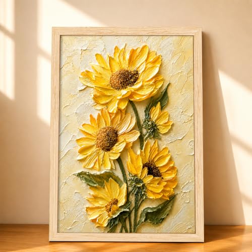 Image of PAINTINGMANTRA Textured Embossed Floral Framed Wall Art Painting for wall decoration, Abstract Vibrant Yellow Sunflower Motifs Poster with frame for living room, bedroom, office and Home, 10x13 Inch