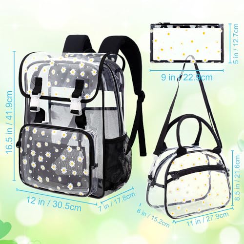 17" Daisy Clear Backpack for Girls - 3Pcs Flip Design Stadium Approved Set, Waterproof Campus/School Transparent Bookbag (Black)4