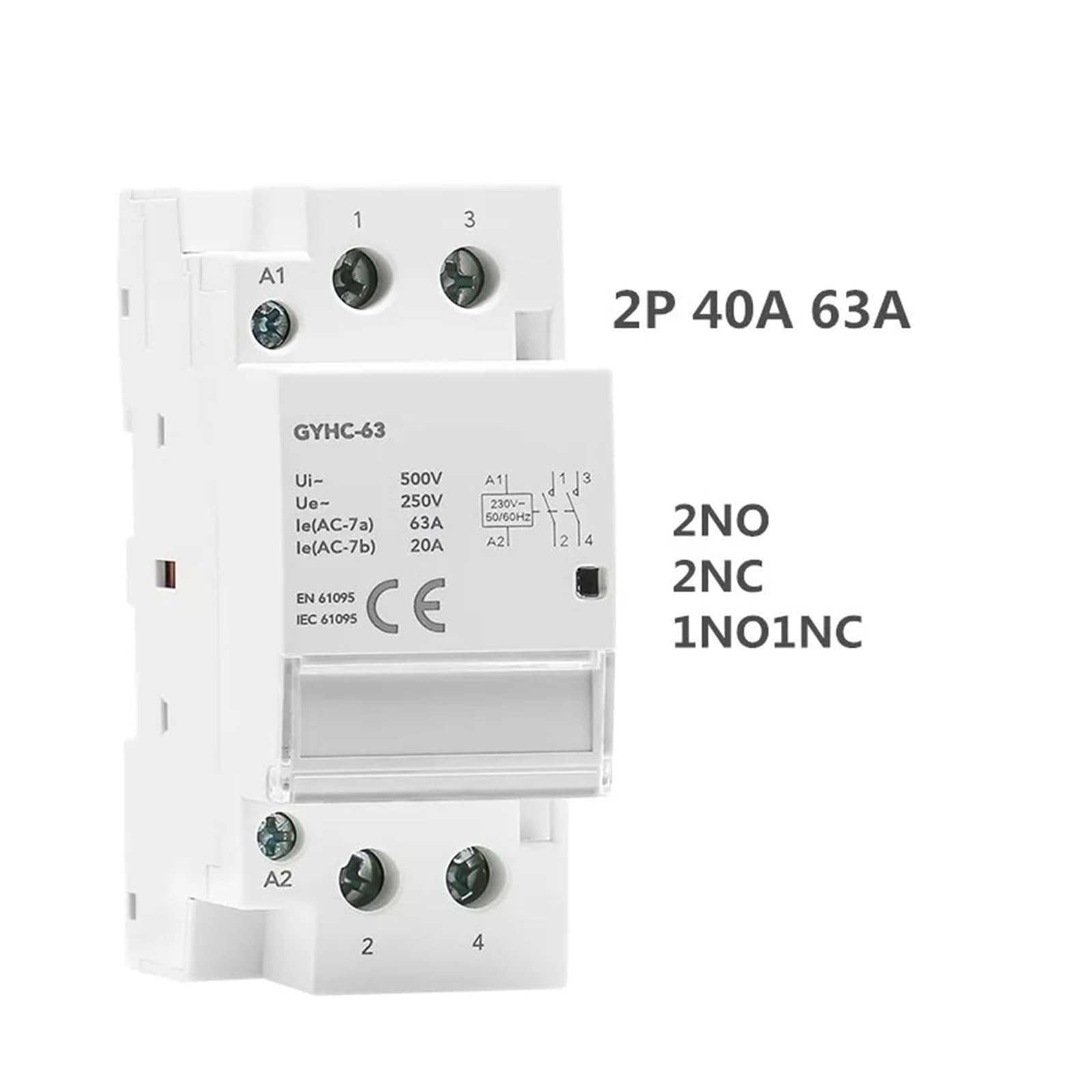 Modulares AC-Schütz 2P 4P 25A 63A 2NO oder 4NO oder 2NC2NO 220V/230V 50/60HZ DIN-Schiene Haushaltsschütztyp(4P 63A 2NO2NC)