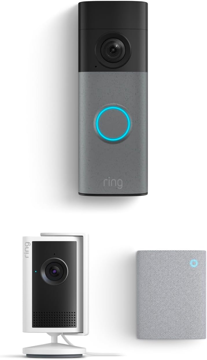 Battery Doorbell (newest model), Speckled Gray with Indoor Cam Plus, White and Chime (newest model)