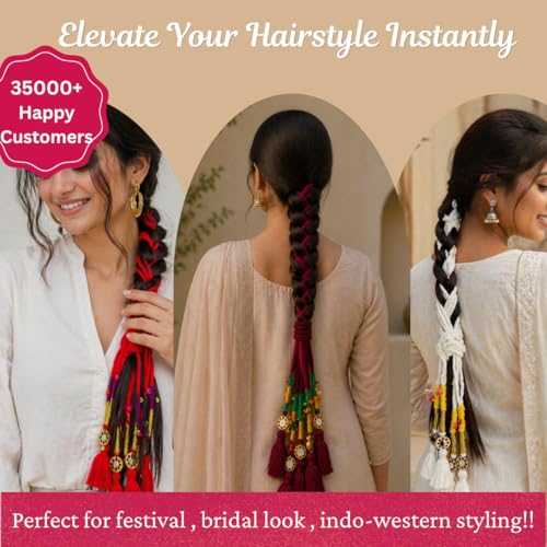 Image of Zippy Flora Handmade Boho Parandi / Paranda Traditional Hair Accessory for Women & Girls | Ethnic Braided Hair Tassels, Choti Hair Extension, Decorative Braid Jewelry for Festive & Wedding Hairstyles (Neelima Burgundy)
