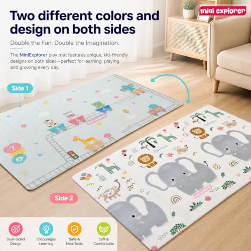 Image of MiniExplorer Double-Sided Waterproof Baby Floor Mat | Extra Large 6.5 x 4.5 ft | 8mm Thick Foam Play Mat | BPA Free, Foldable, Reversible Crawling & Tummy Time Mat for Babies & Kids - Sea & Giraffe