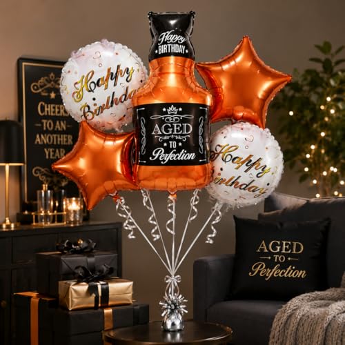 Image of Wanna Party Aged To Perfection Birthday Foil Balloon Bouquet Set of 5 | Bottle & Star Theme Helium Supported Balloons for Birthday Party Decoration, Cake Table Setup & Celebration Backdrop