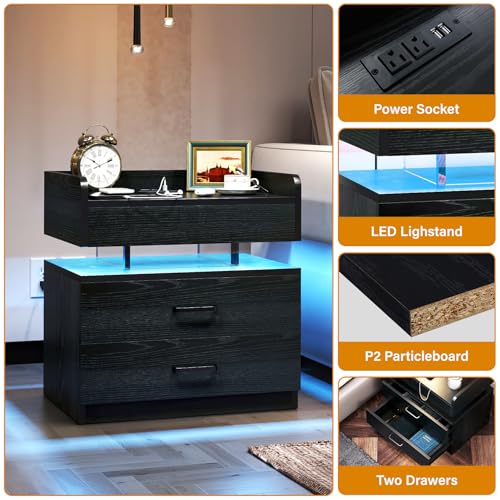 TC-HOMENY-Floating-Nightstand-with-2-Drawers-LED-Nightstand-with-Voice-Activated-Mode-Side-Table-End-Table-with-Charging-Station-Black