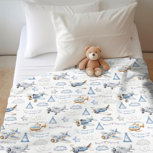 Image of Vintage Planes Airplanes Helicopters Baby Blankets for Boy Girl Plane Stars Clouds Sky Soft Flannel Nursery Bed Blankets for Infant Toddler Crib Swaddle Receiving Blankets 50x60