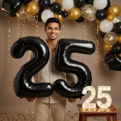 Image of Balloonistics Black 40-Inch Foil Number 25 Balloon with Matching LED Marquee Light - Combo Set for 25th Birthday, Anniversary, Party Decoration, Photo Booth Backdrop