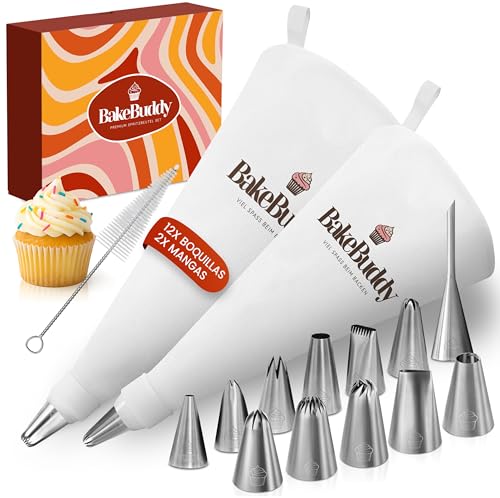 BakeBuddy Manga Pastelera Profesional (Set de 17) – 2 Mangas Pasteleras Reutilizables de Algodón (35 y 40 cm) con Boquillas Grandes de Acero Inoxidable