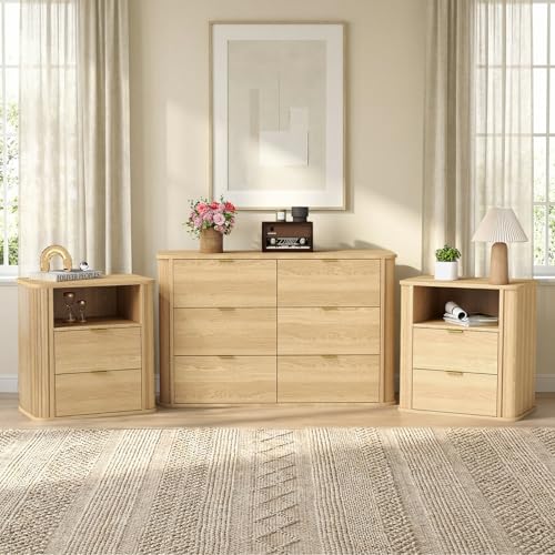 SOARMOTE 3-Piece Bedroom Furniture Set Modern Fluted 6 Drawer Dresser & 2-Drawer Nightstands Mid-Century Wood Storage Cabinet Set n for Bedroom Hallway (Natural)