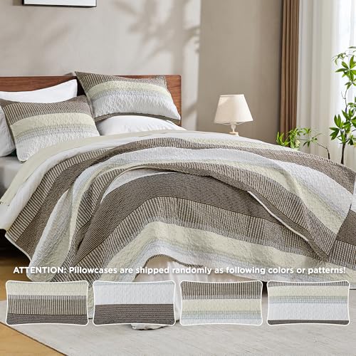 Image of Andency King Size Quilt Set Mocha Brown, 3 Pieces Summer Ultra Soft Lightweight Bedspreads & Coverlets Set, Patchwork Striped Quilted Bedding Sets for All Seasons (1 Quilt, 2 Pillow Shams)