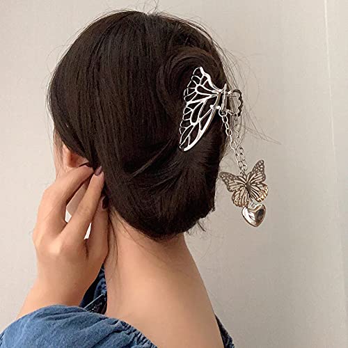 AKOAK Pinza para el cabello con colgante en forma de mariposa y corazón de aleación plateada 1 unidad miniatura 1