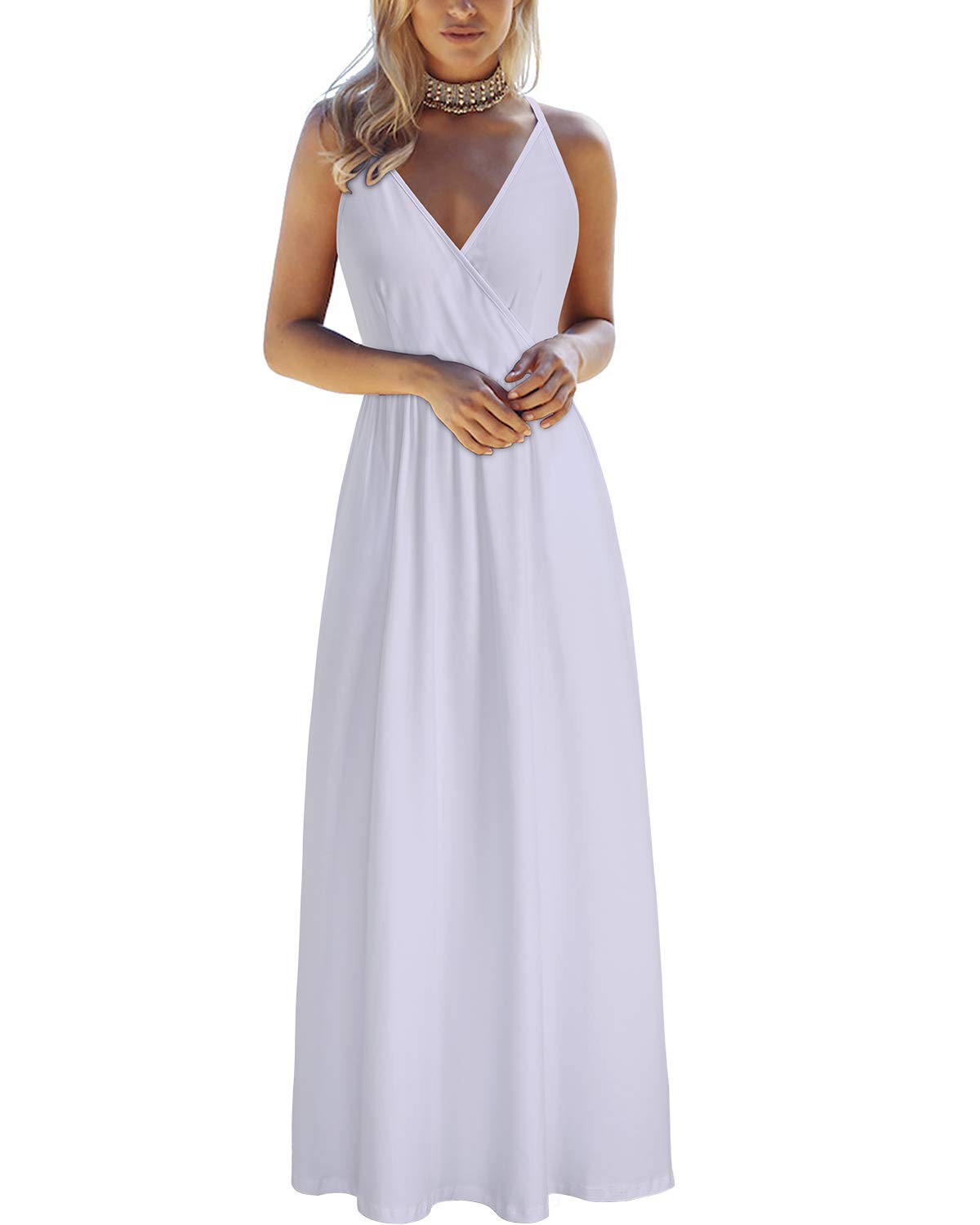 OUGES Vestido maxi de verano para mujer, cuello en V, tirantes finos ajustables, vestido de playa
