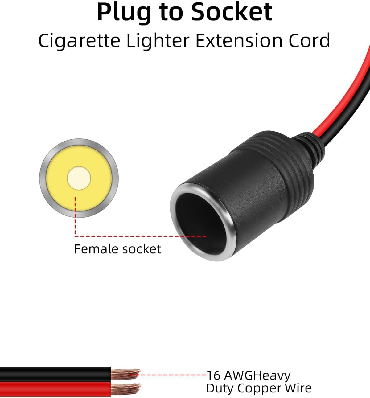 GELRHONR 6FT Cigarette Lighter Extension Cord with ON/Off Switch, 12V Cigarette Lighter Male Plug to Female Socket 16AWG Heavy Duty Cord, 15A Fuse, for Tire Pump, Air Compressor (2M)
